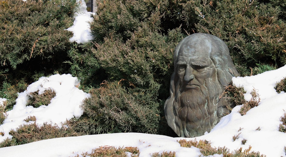 una statua di un uomo con la barba nella neve