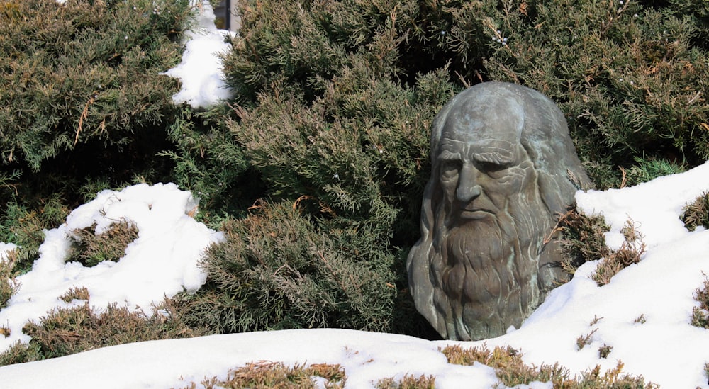 Una estatua de un hombre con barba en la nieve