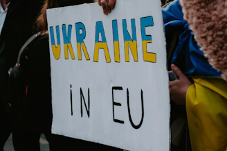 a person holding a sign that says ukraine in eu
