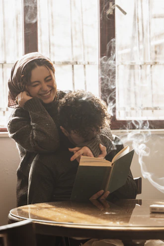 A cozy scene of a romantic comic couple sharing a moment