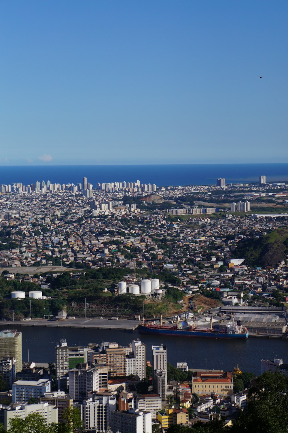 a view of a city and the ocean from a hill