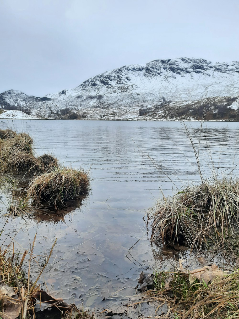 a body of water surrounded by snow covered mountains