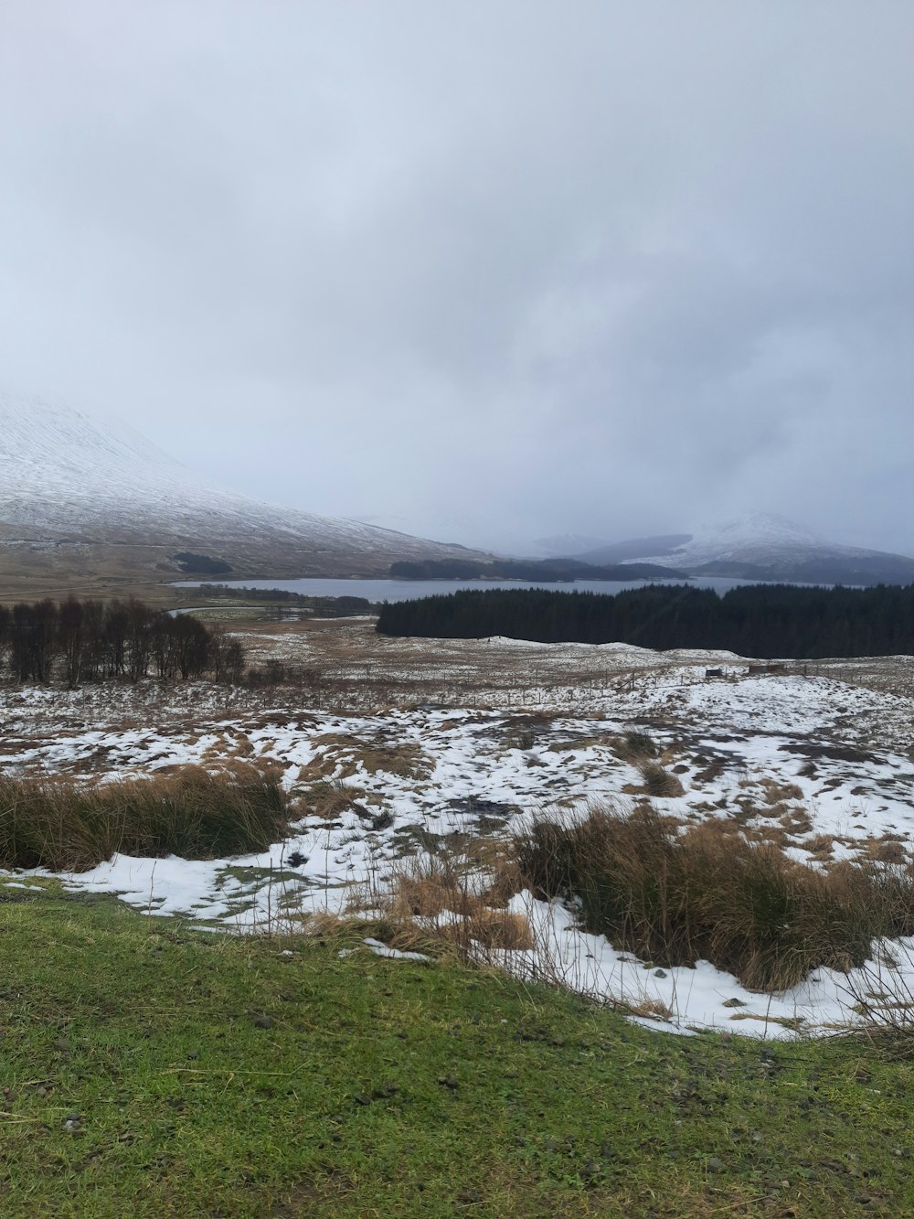 a snow covered field with a mountain in the background