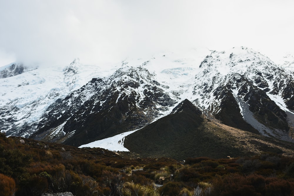 a mountain range covered in snow and grass