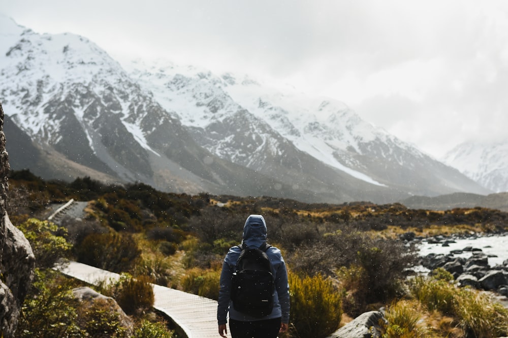 a person walking on a wooden path in the mountains