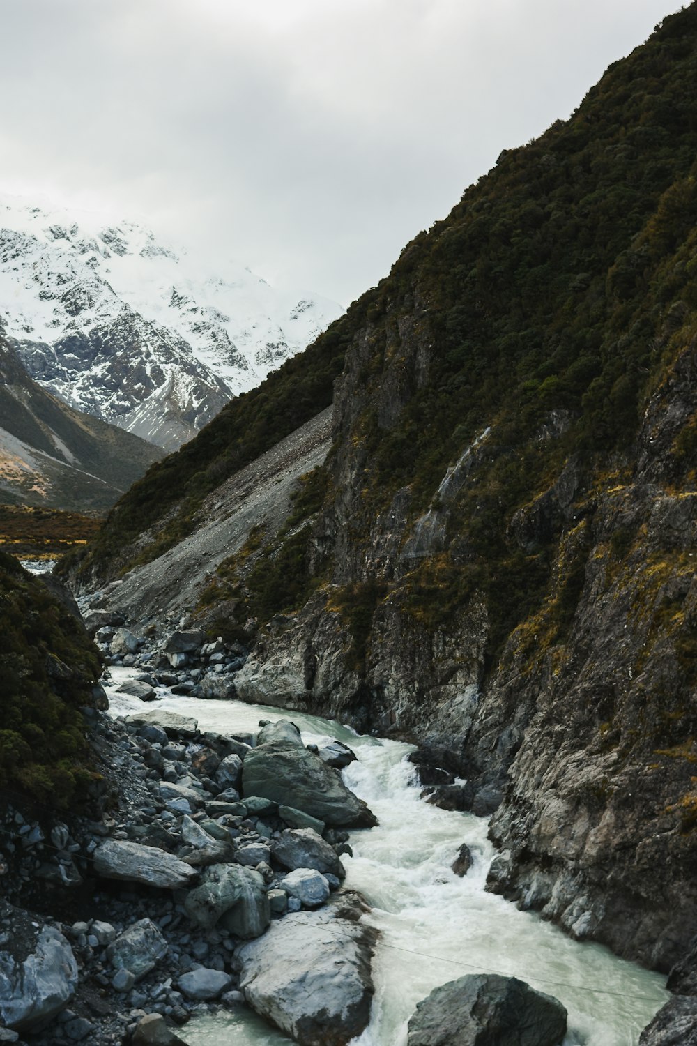 a river running through a valley surrounded by mountains