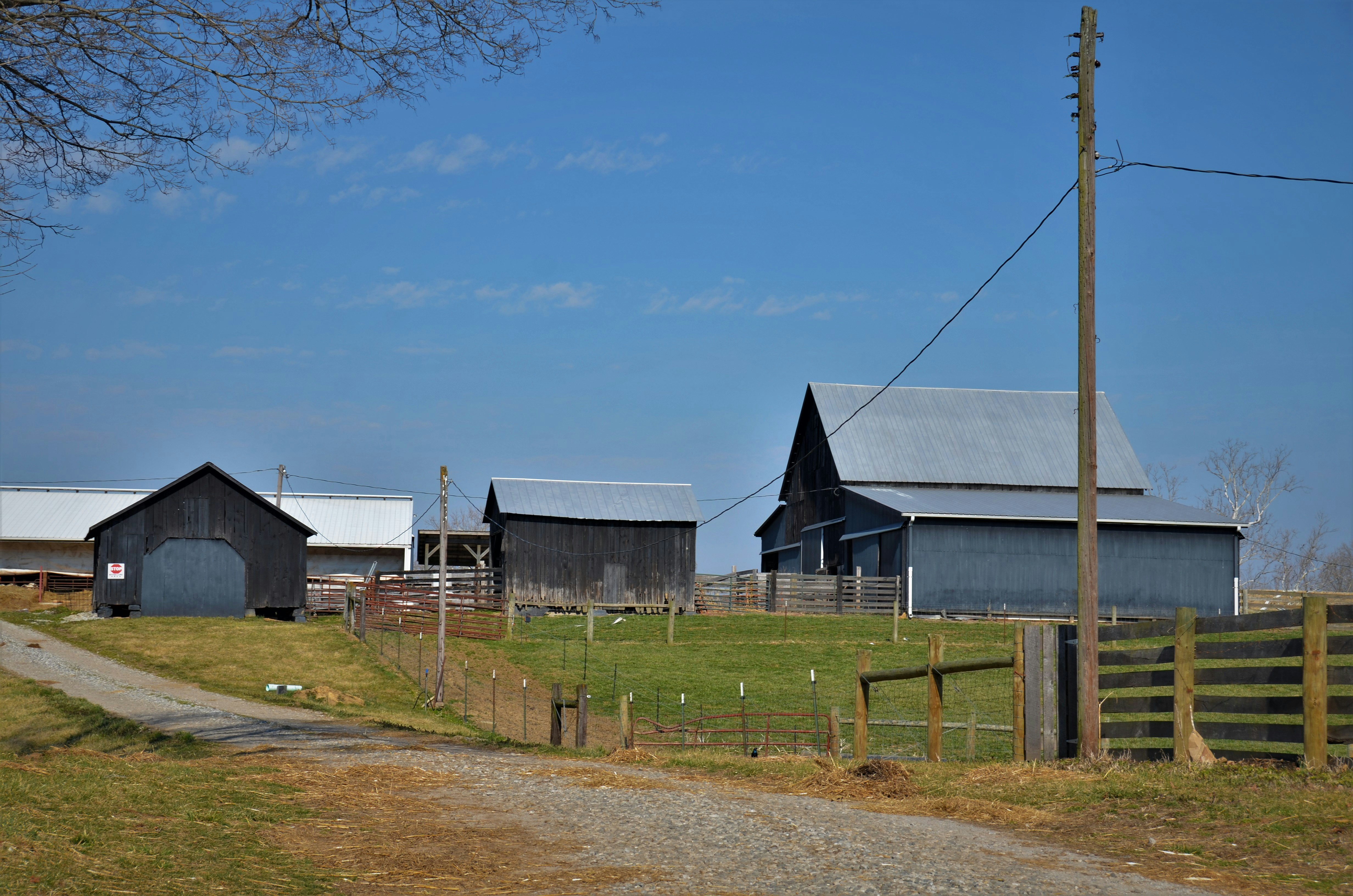 a couple of barns sitting on top of a lush green field