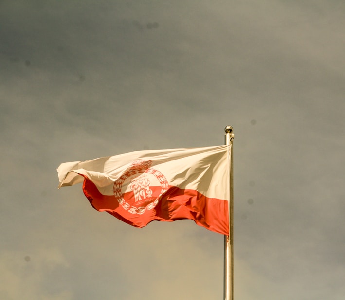 A flagpole with a flag waving in the wind. The flag features a red and white horizontal bicolor design, with an intricate emblem or seal in the center of the white portion. The sky in the background is mostly clear with a few faint, dark spots.