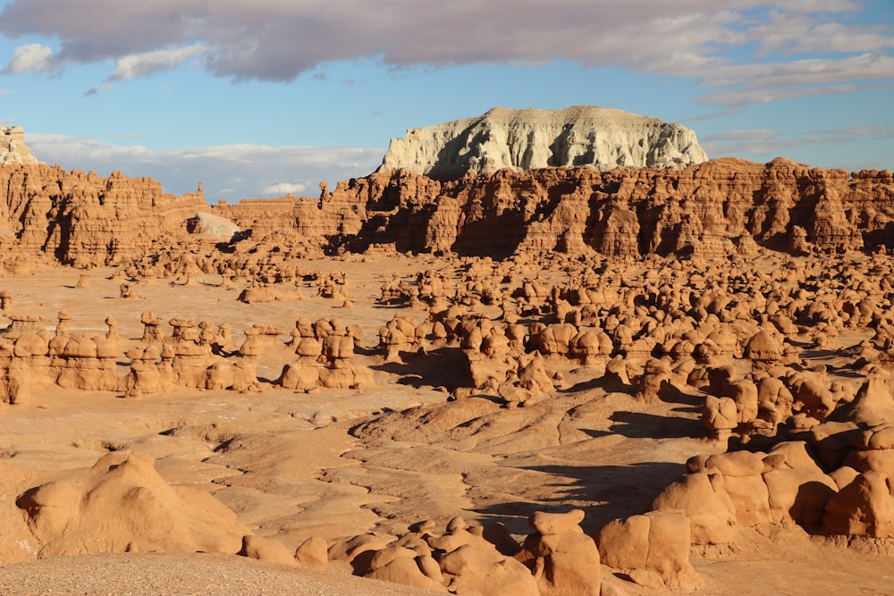 a rocky landscape with a mountain in the background