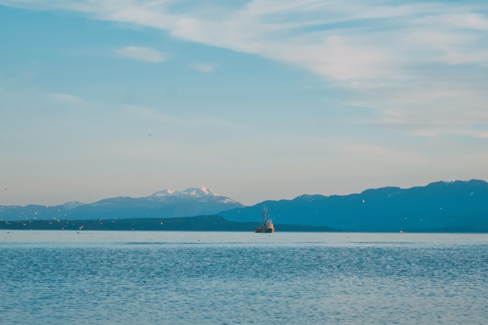 a large body of water with mountains in the background