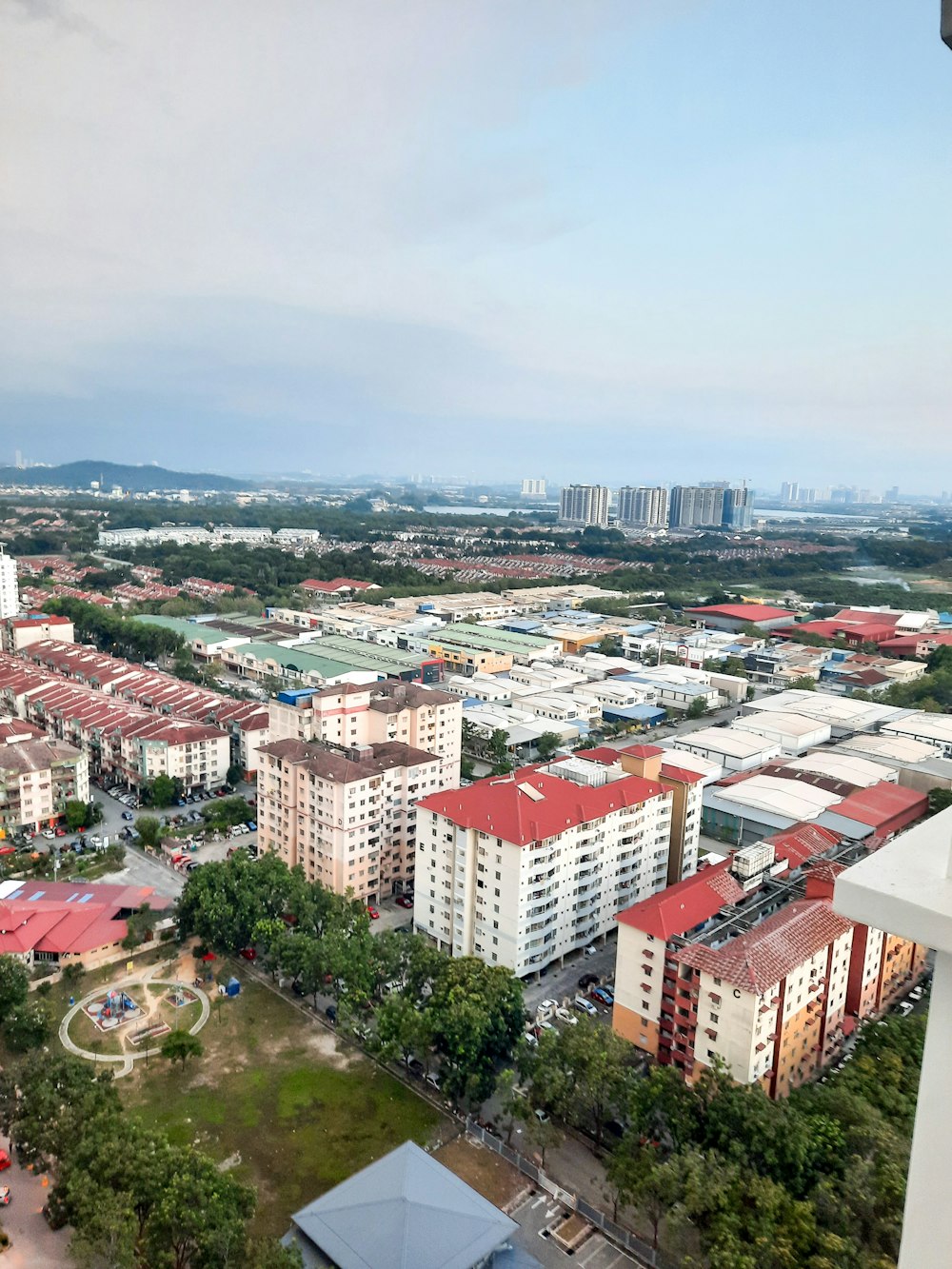 an aerial view of a city with a lot of buildings