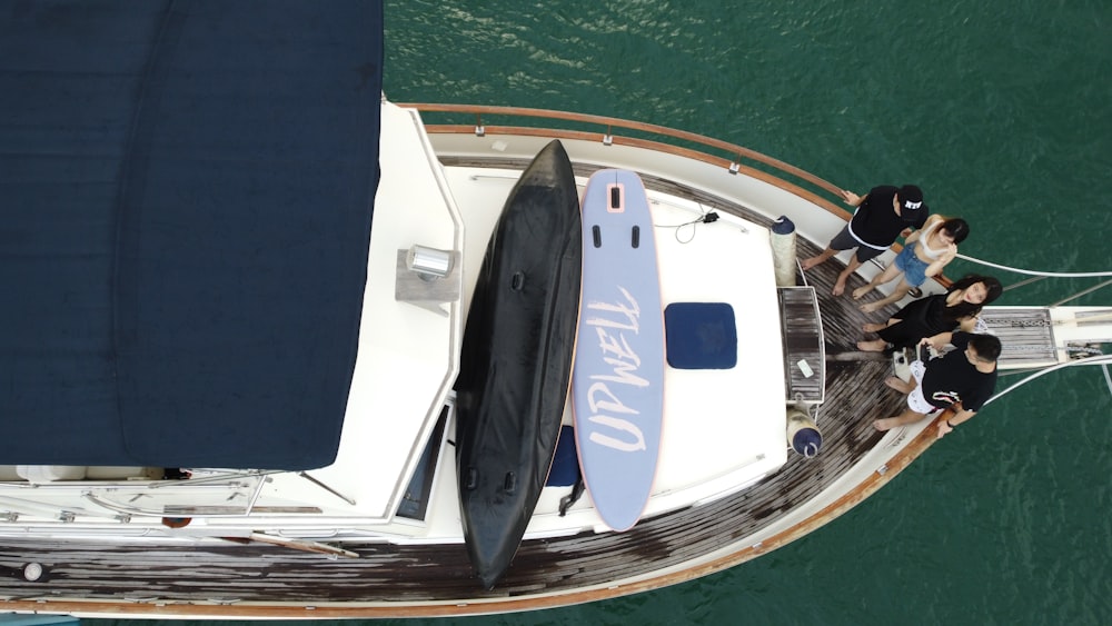 a group of people on a boat in the water