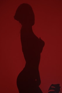 A silhouette of a person in profile view against a deep red background. The outline of a plant leaf is visible in the lower right corner.