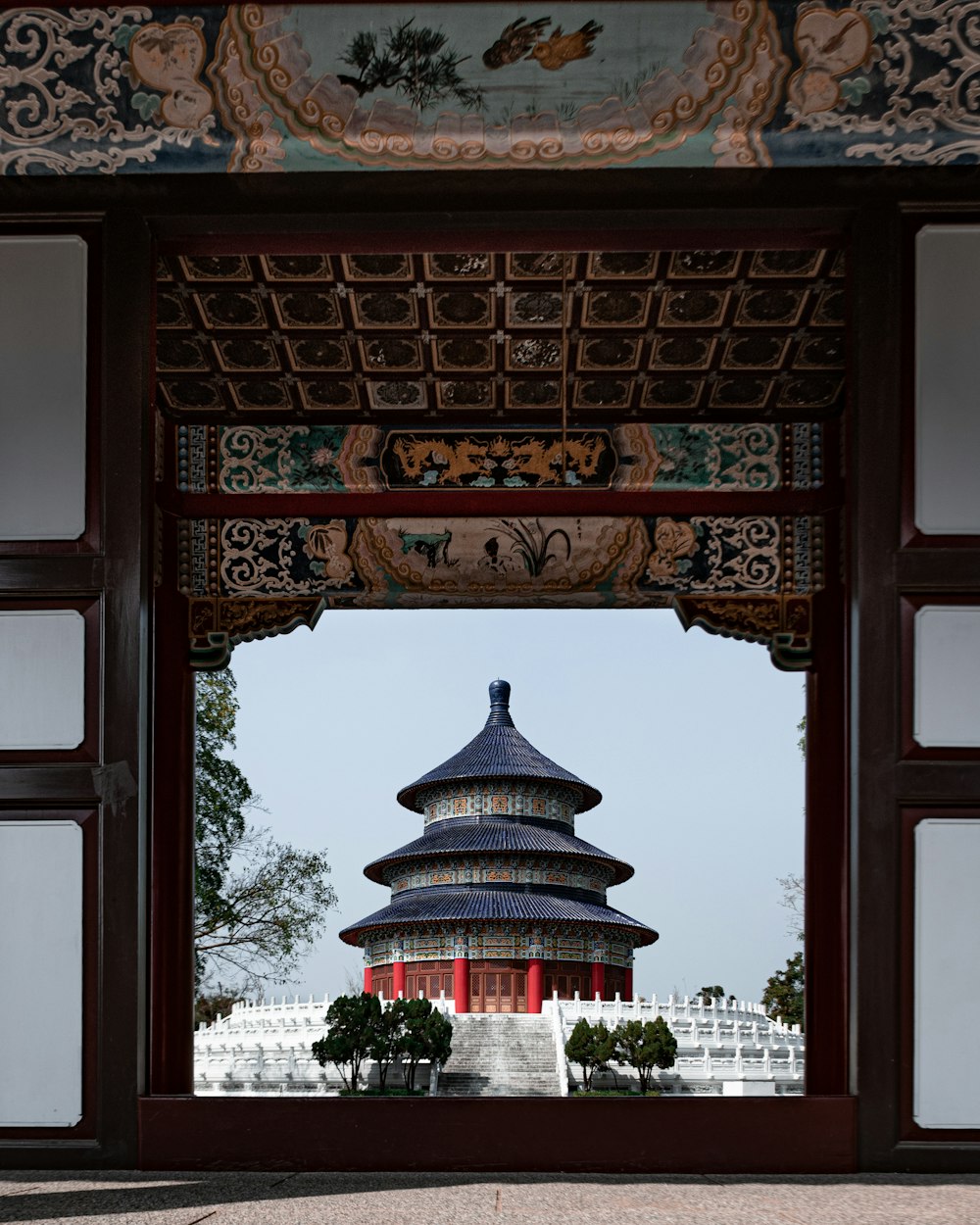 a view of a building through a doorway