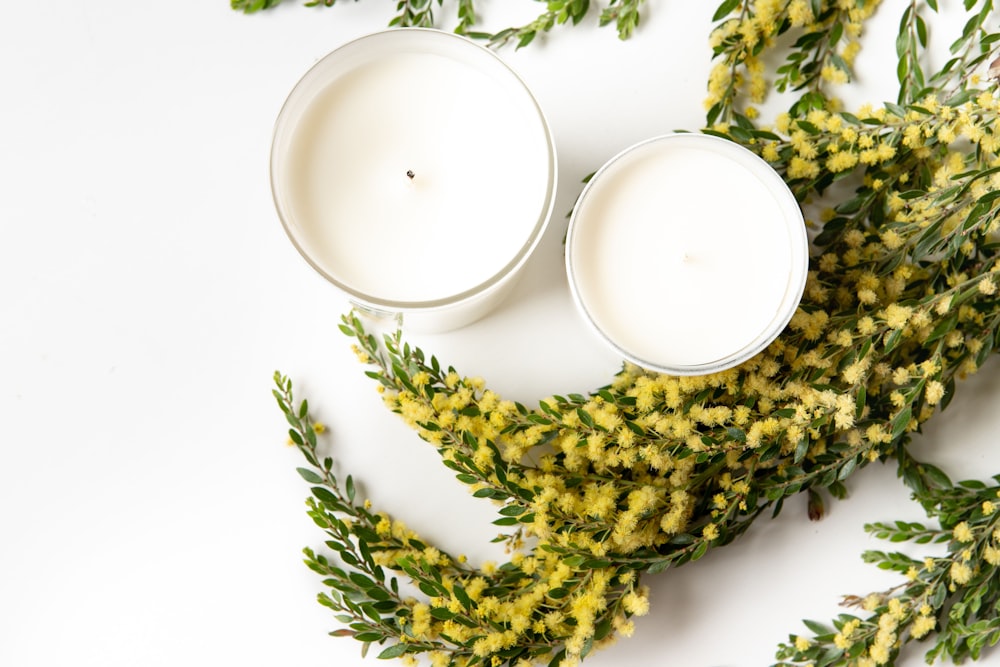 a couple of white candles sitting on top of a plant