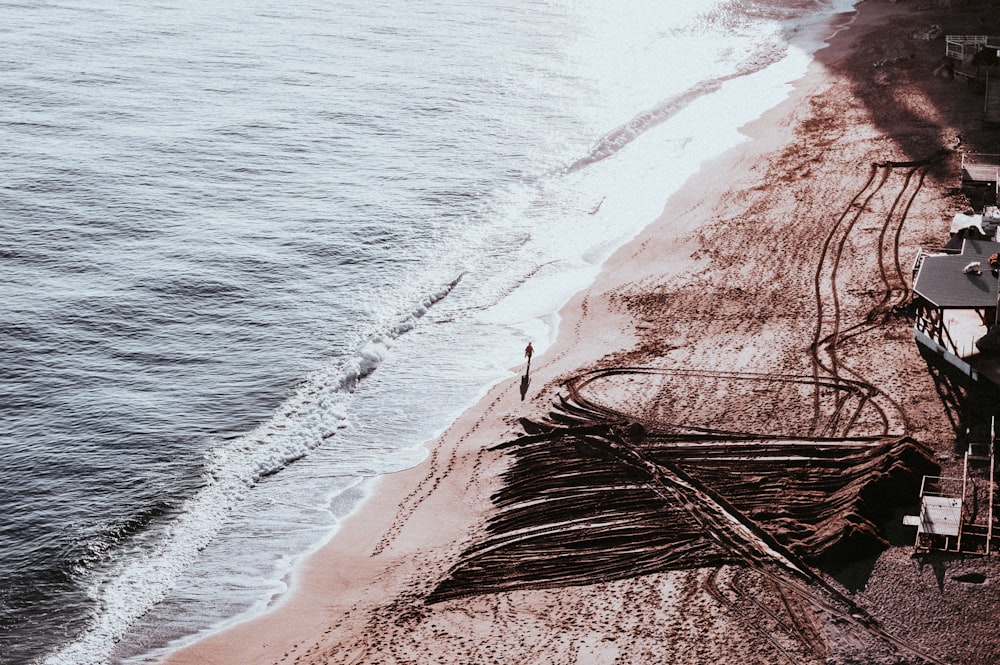 an aerial view of a beach and ocean