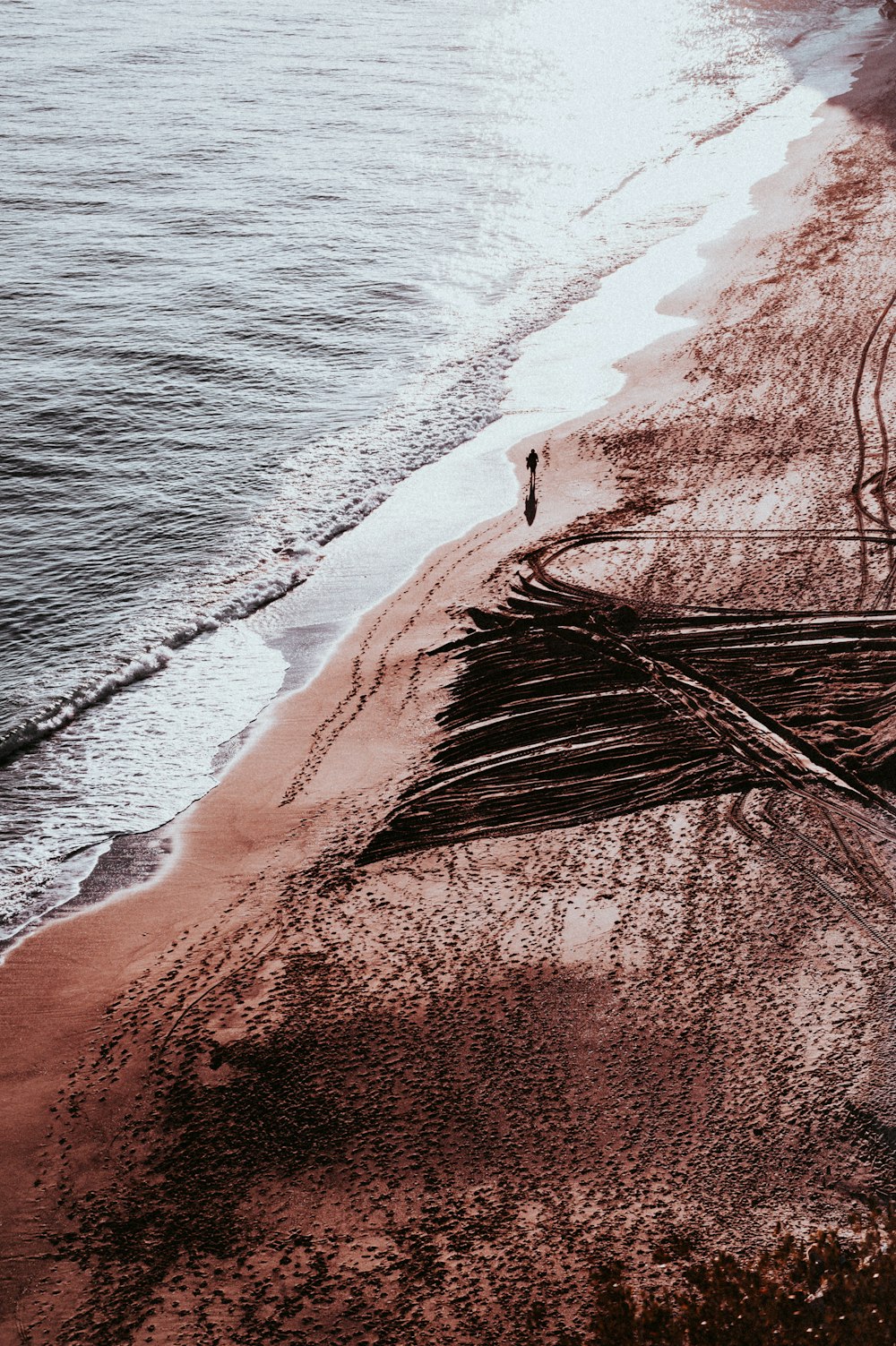 Una persona in piedi su una spiaggia vicino all'oceano