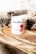 A white candle labeled 'Clare Makes' sits on a wooden surface, surrounded by dried pine cones and beige textured fabric. Delicate branches with small white flowers and wisps of dried grass add an earthy touch, creating a cozy, natural atmosphere.