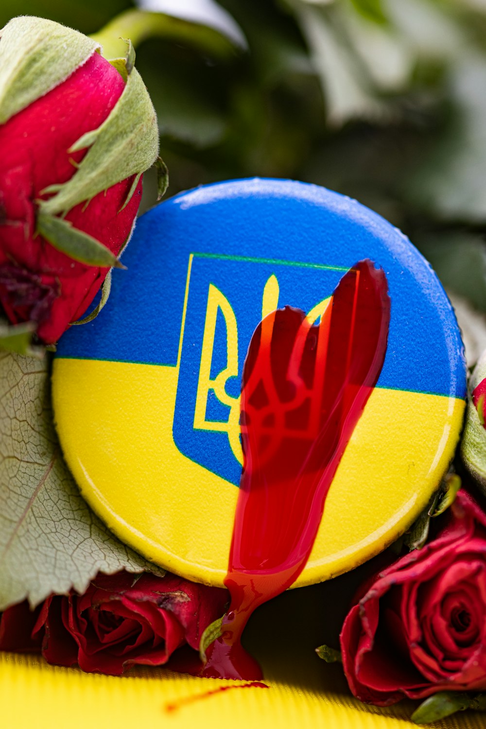 a bouquet of red roses and a blue and yellow button