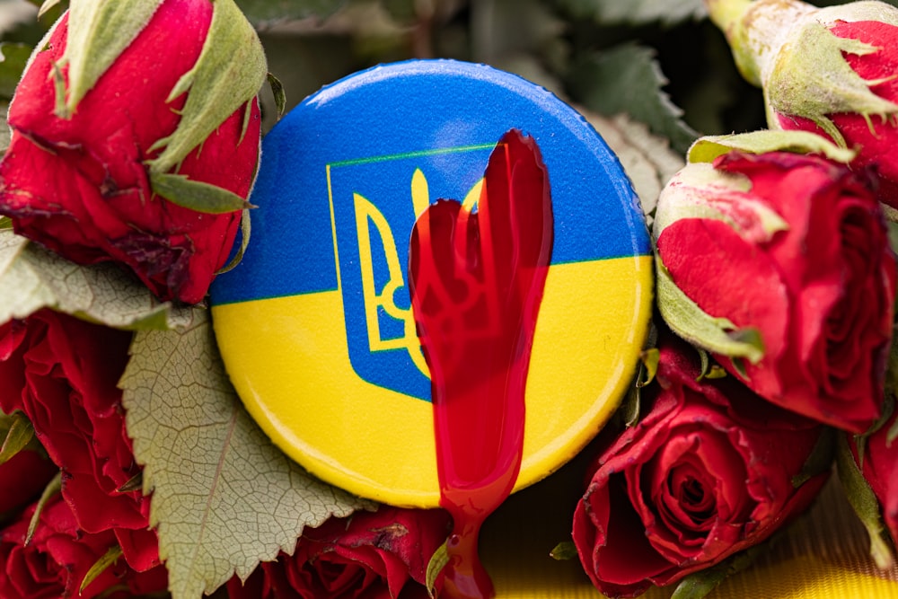 a blue and yellow button with a red hand on it