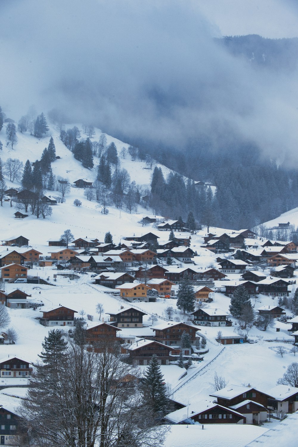 ein schneebedeckter Berg mit einem Dorf im Vordergrund