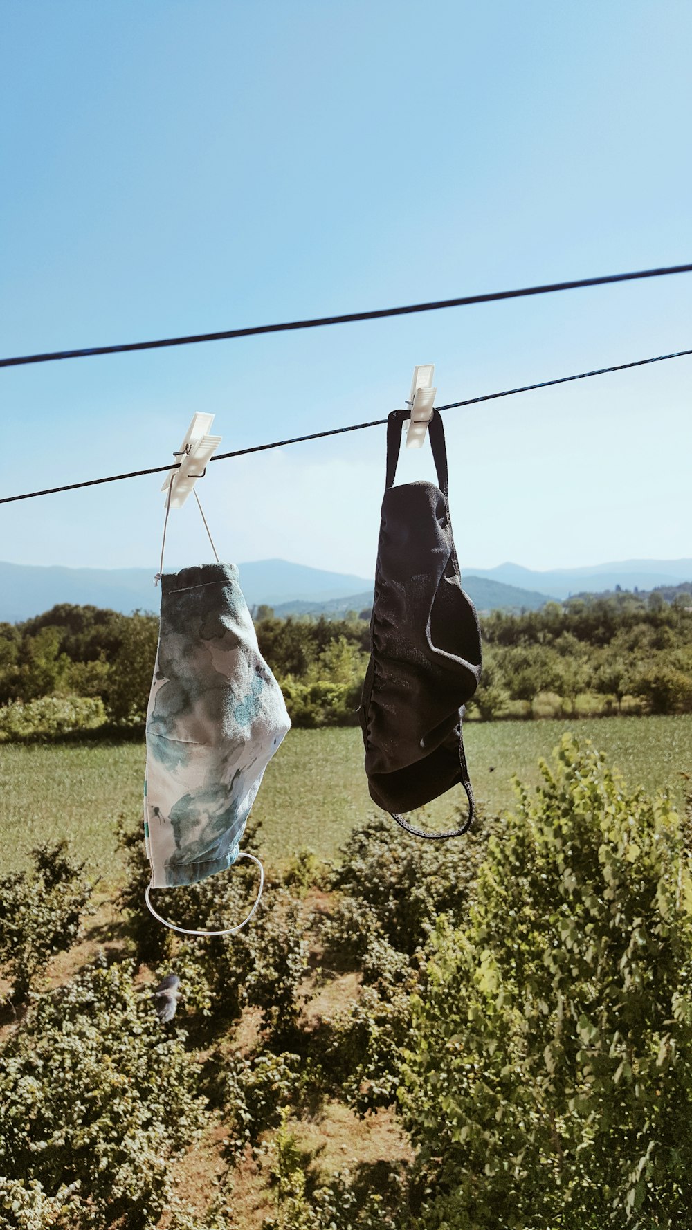 a couple of bags hanging from a clothes line