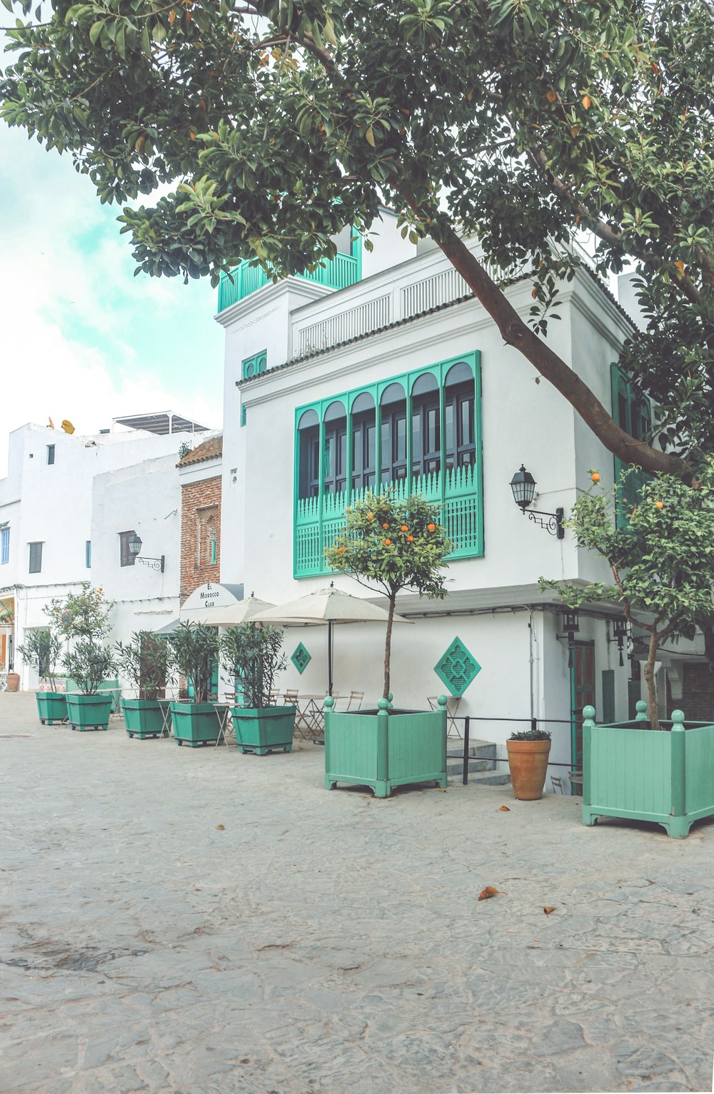 a white building with green trim and a tree in front of it