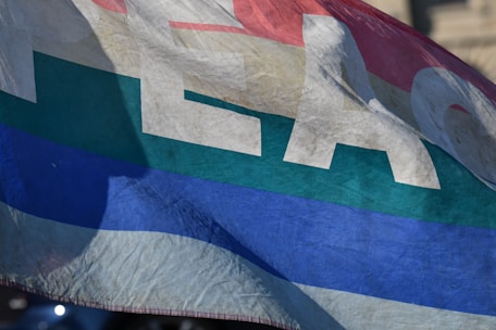 A colorful flag with the word 'PEACE' printed on it. The flag features horizontal stripes in red, yellow, green, and blue.