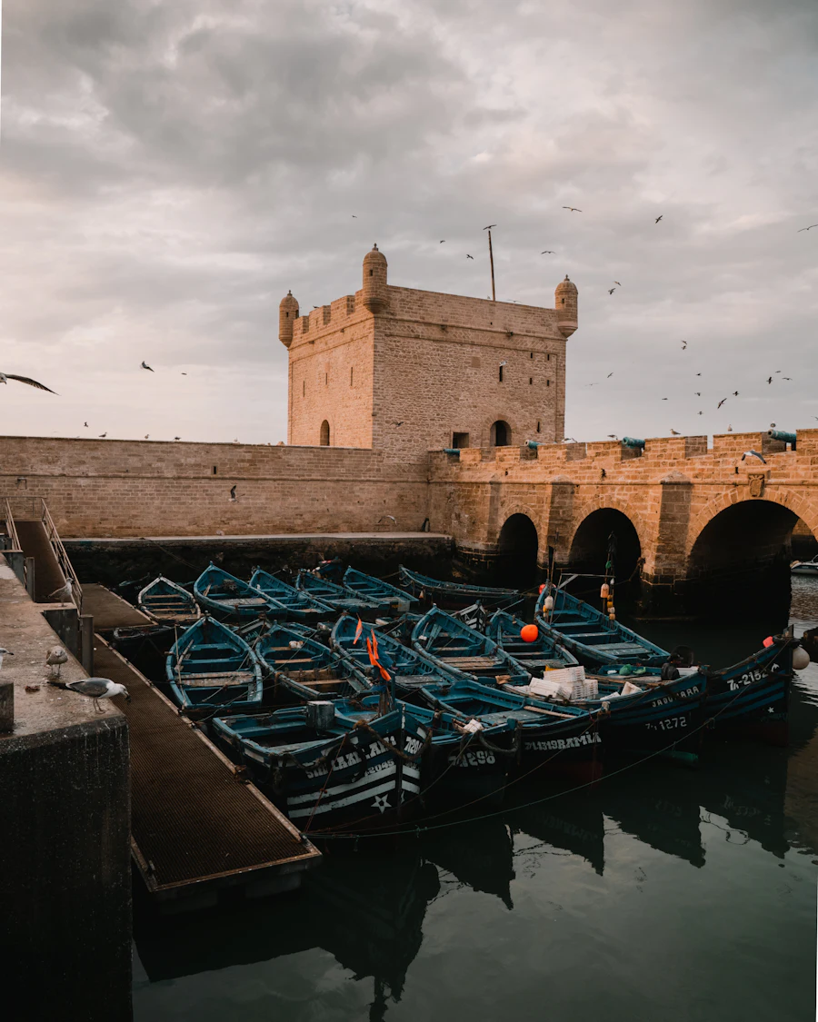 Blue fishing boats moored beneath the stone ramparts of Essaouira's port