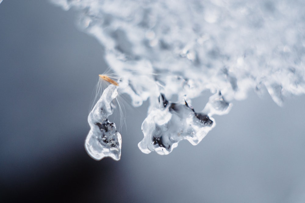 a drop of water hanging from a droplet of water