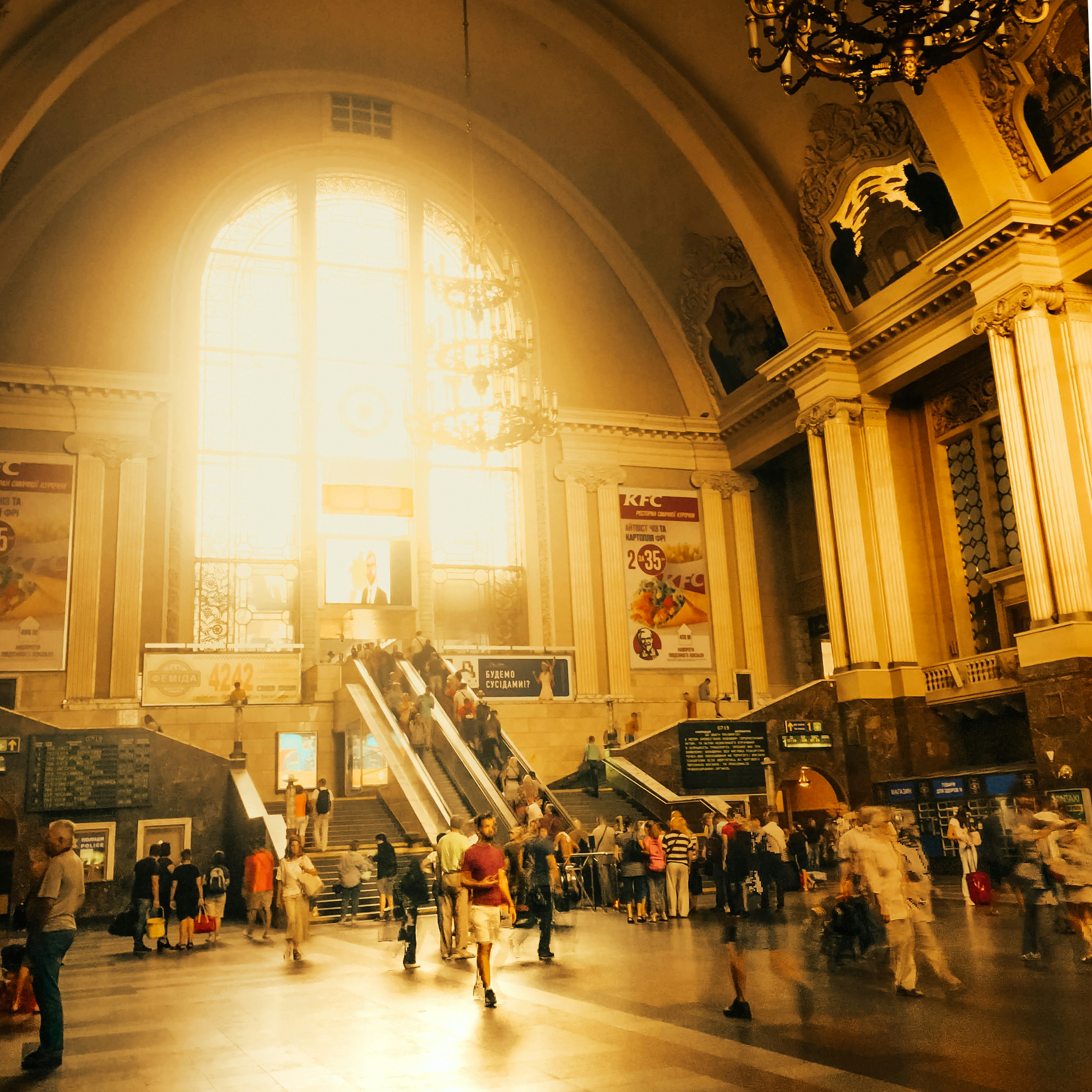 a group of people in a large building