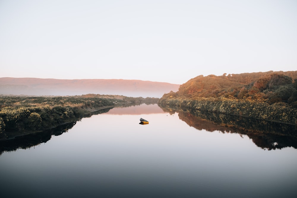 a body of water surrounded by trees and hills