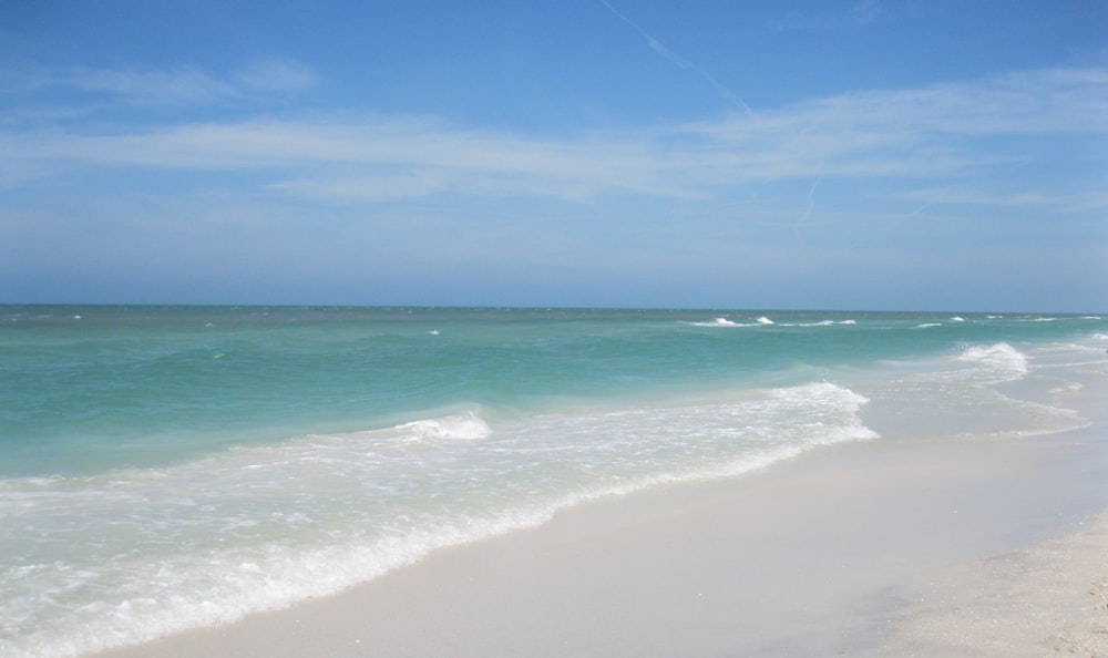 a sandy beach next to the ocean under a blue sky