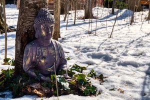 a buddha statue sitting in the snow next to a tree