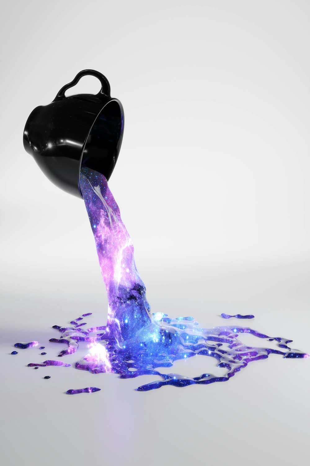 a purple and blue liquid pouring out of a black container