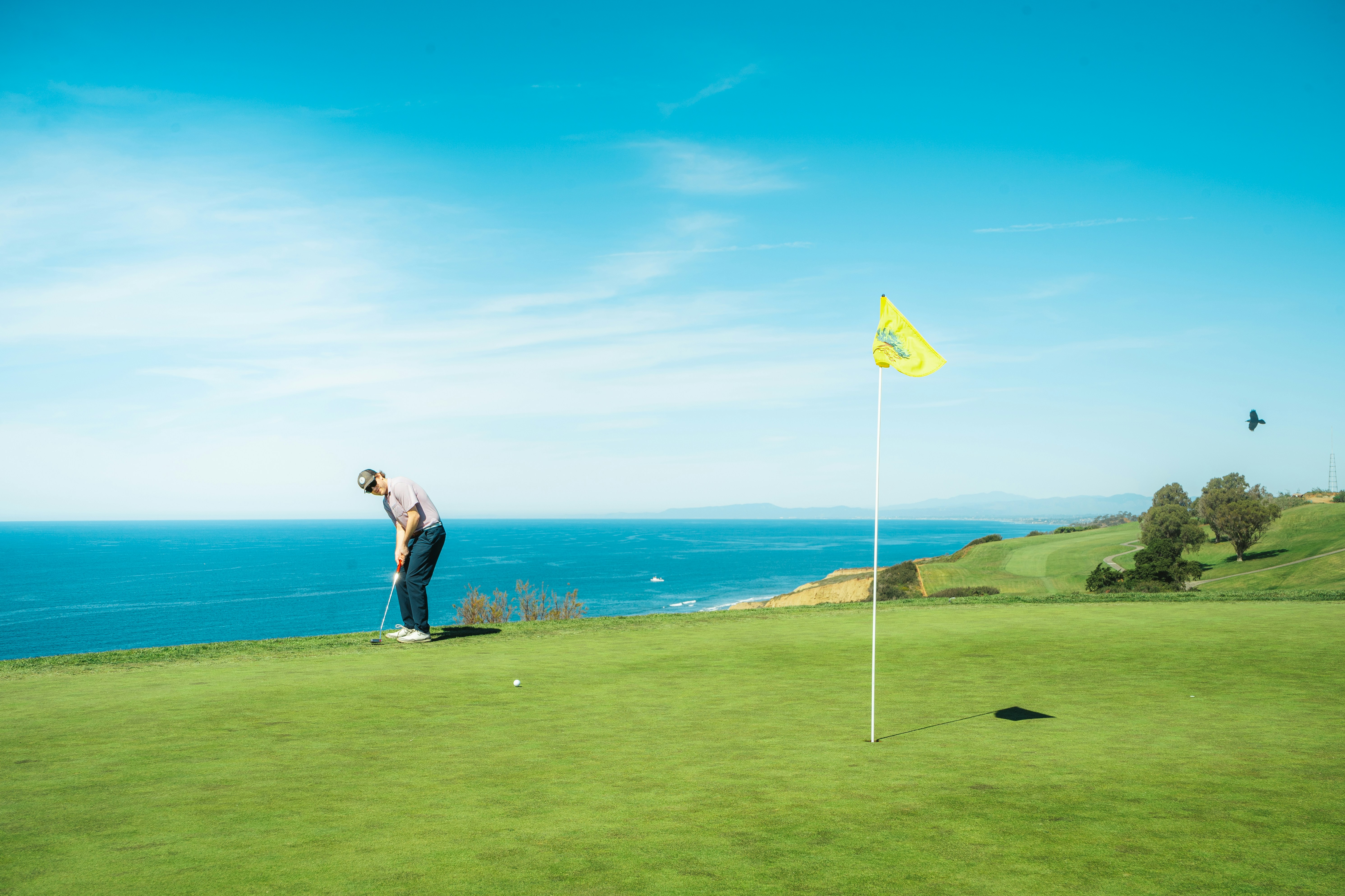 a man standing on top of a lush green field next to a golf ball