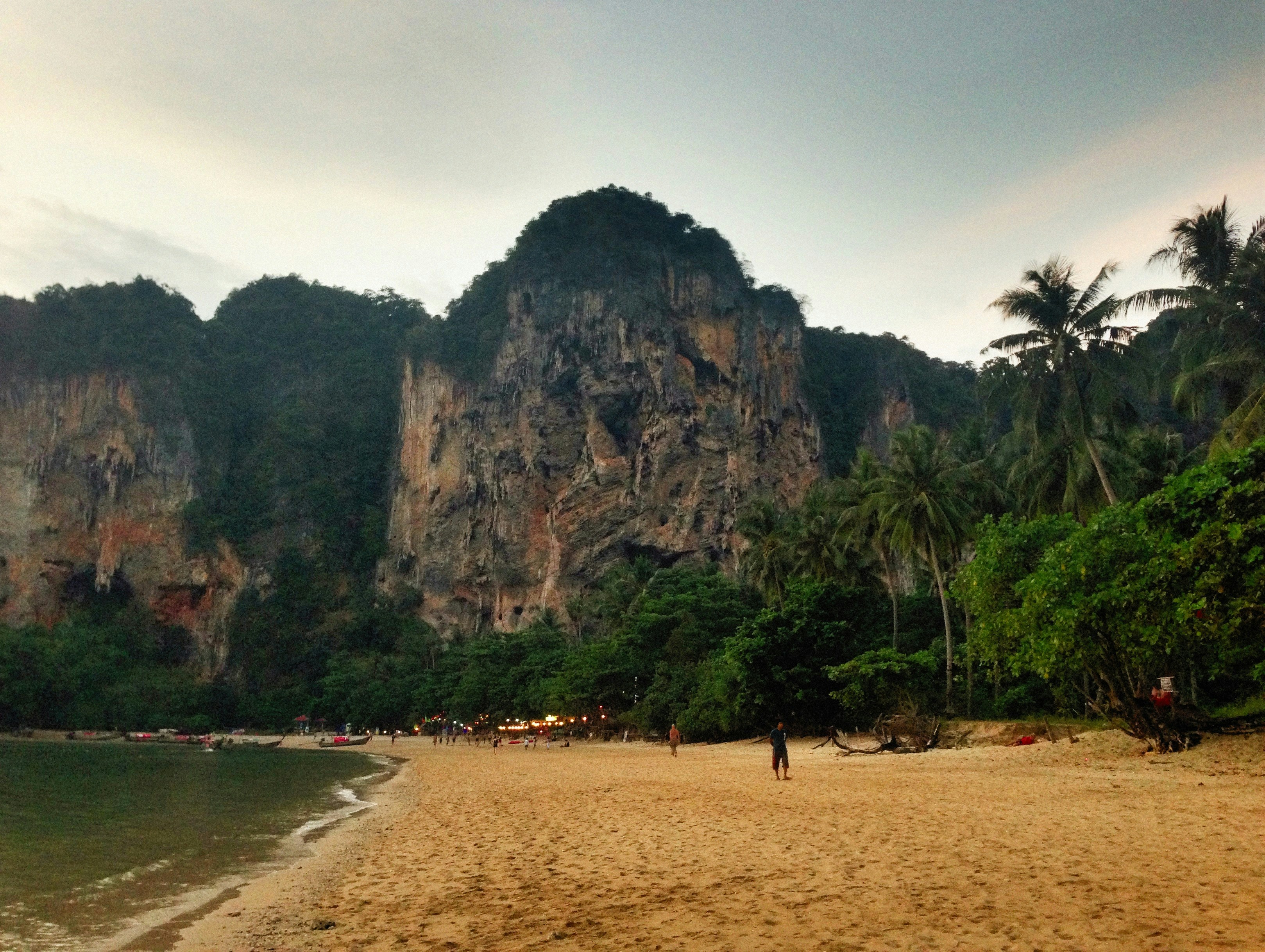 a sandy beach with a mountain in the background