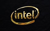 a gold intel logo on a black background