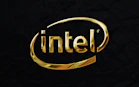 a gold intel logo on a black background