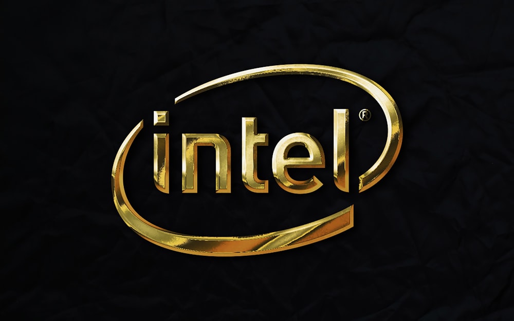 a gold intel logo on a black background