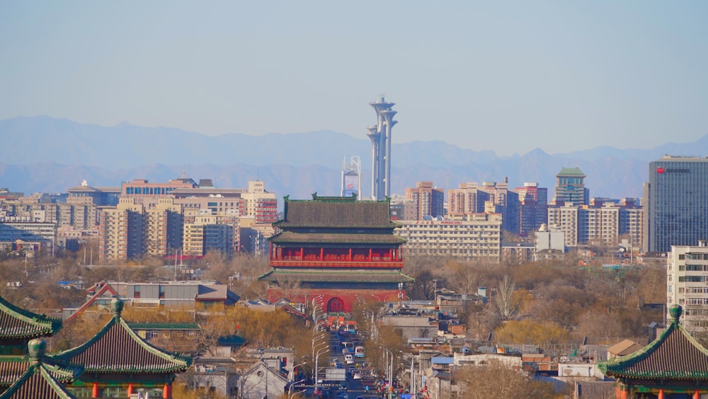 a view of a city with tall buildings