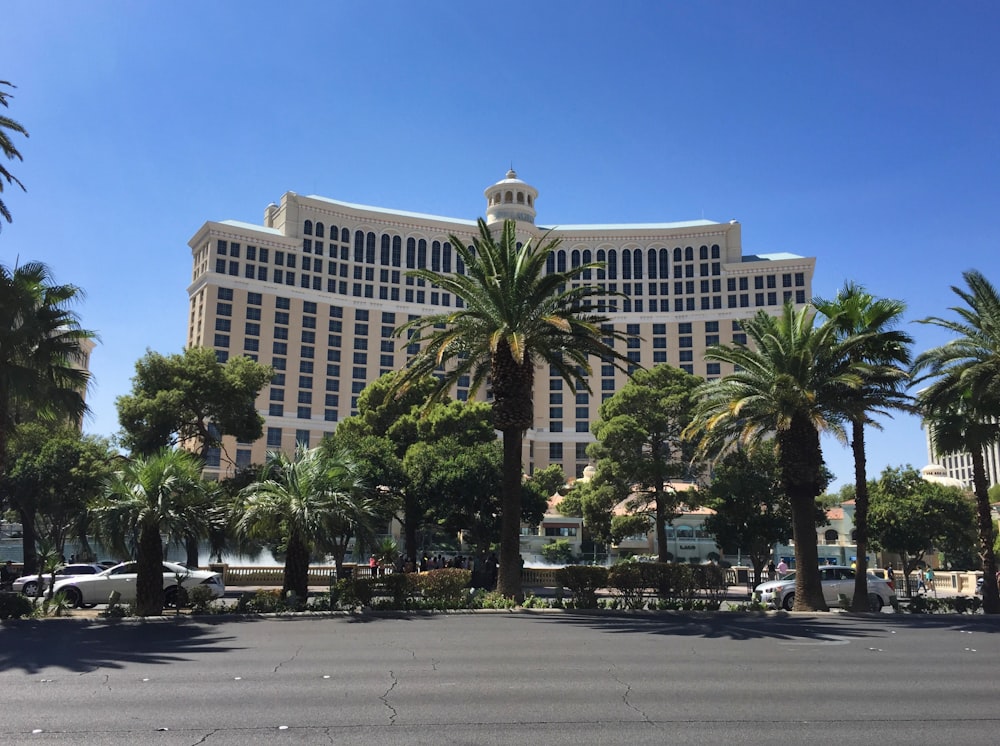 a large hotel with palm trees in front of it