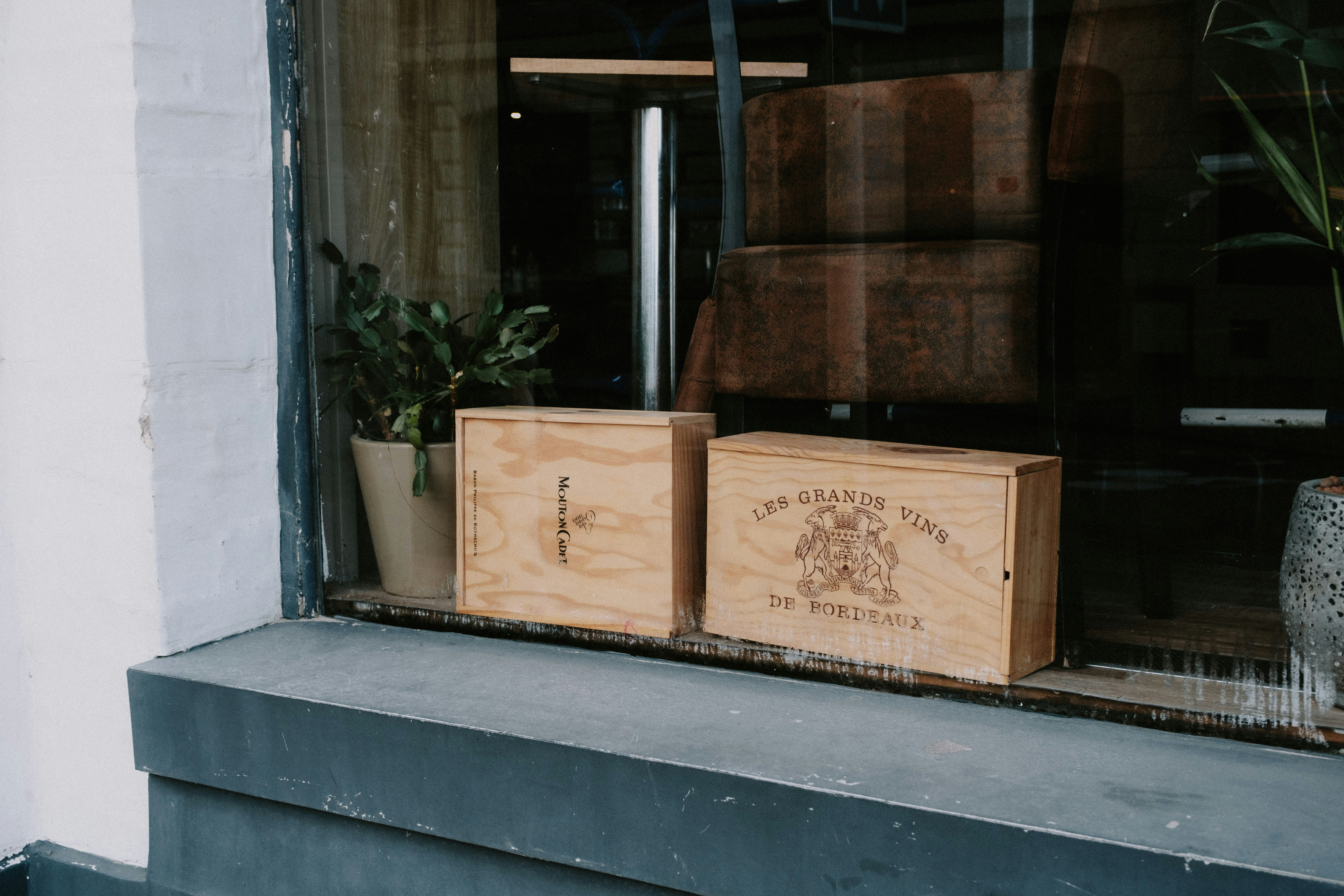 Wooden boxes on window sill