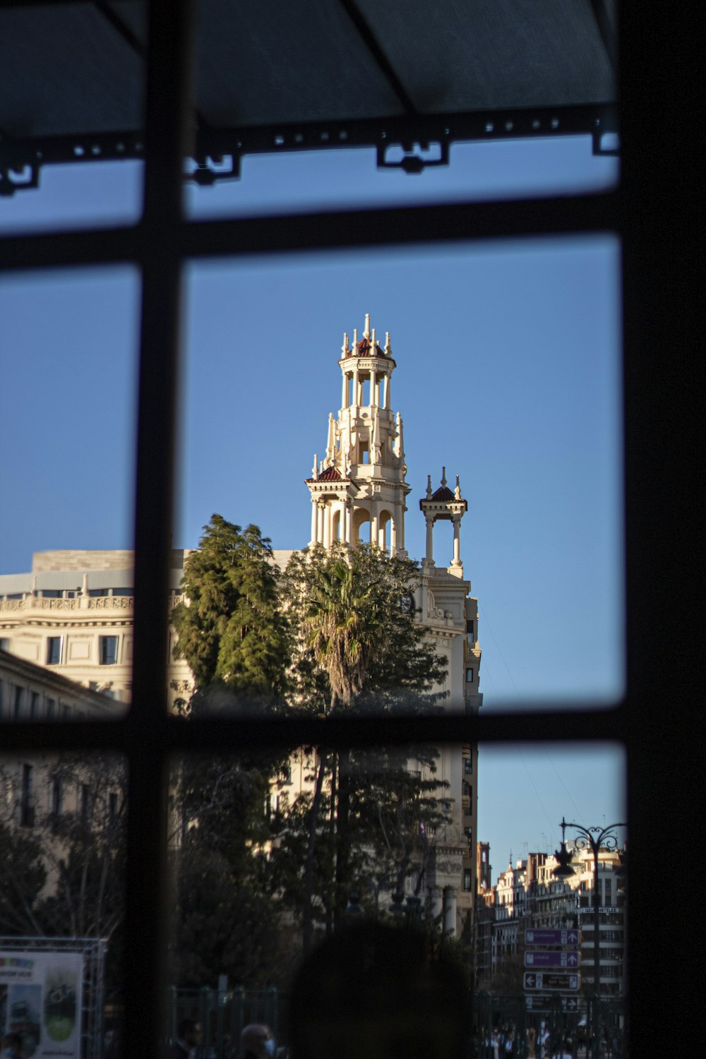 a view of a building through a window