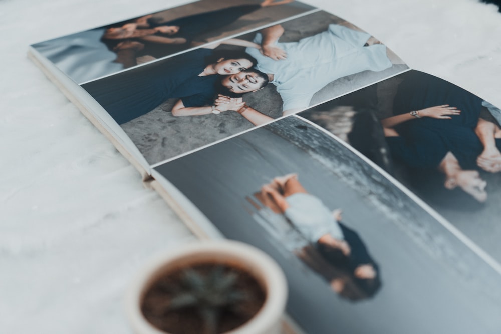 a photo book with four photos of people laying down