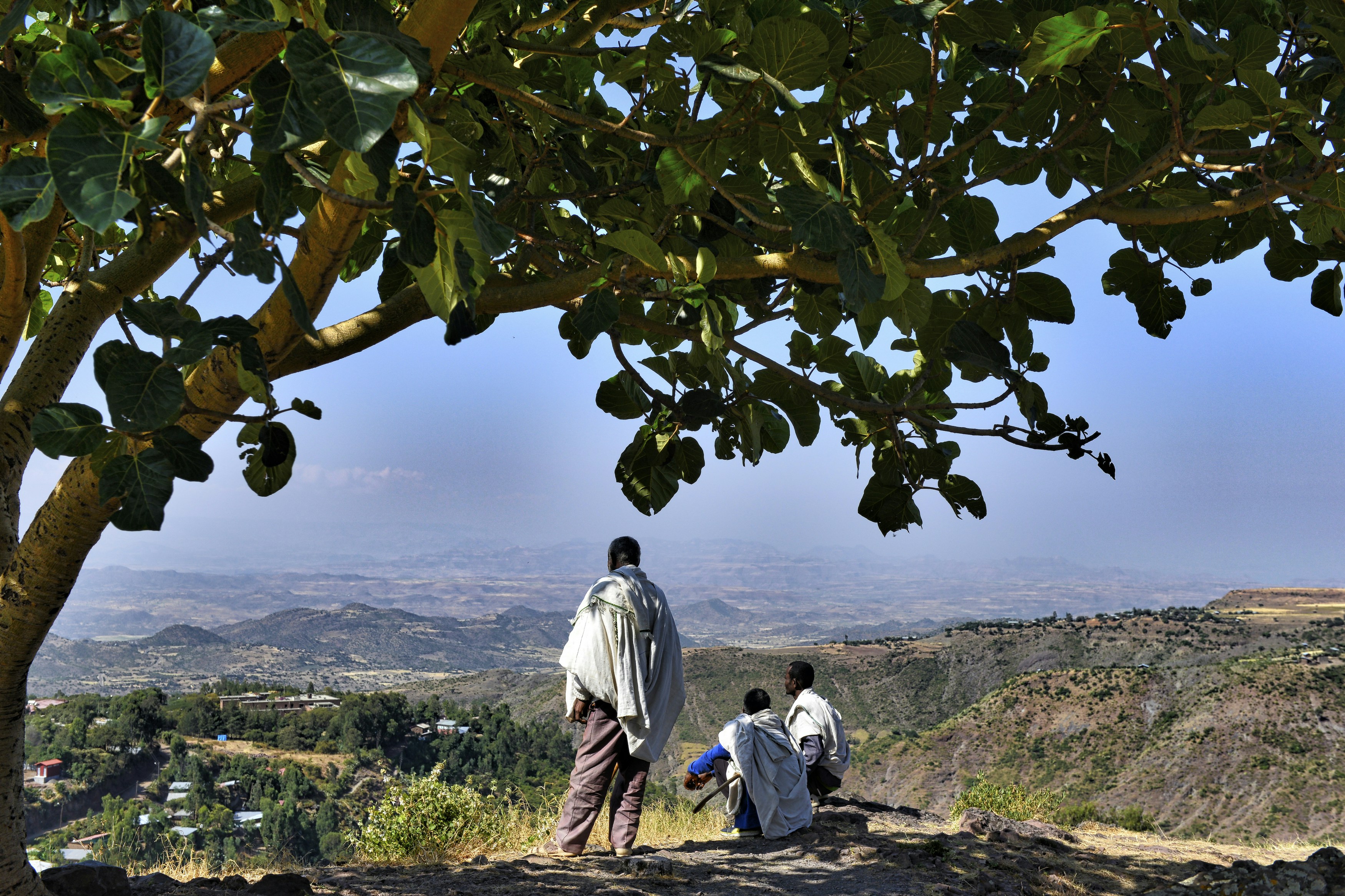 a couple of men standing on top of a hill