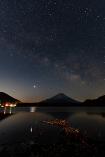 Night view of Mount Fuji with stars twinkling above and a calm lake reflecting the scene.