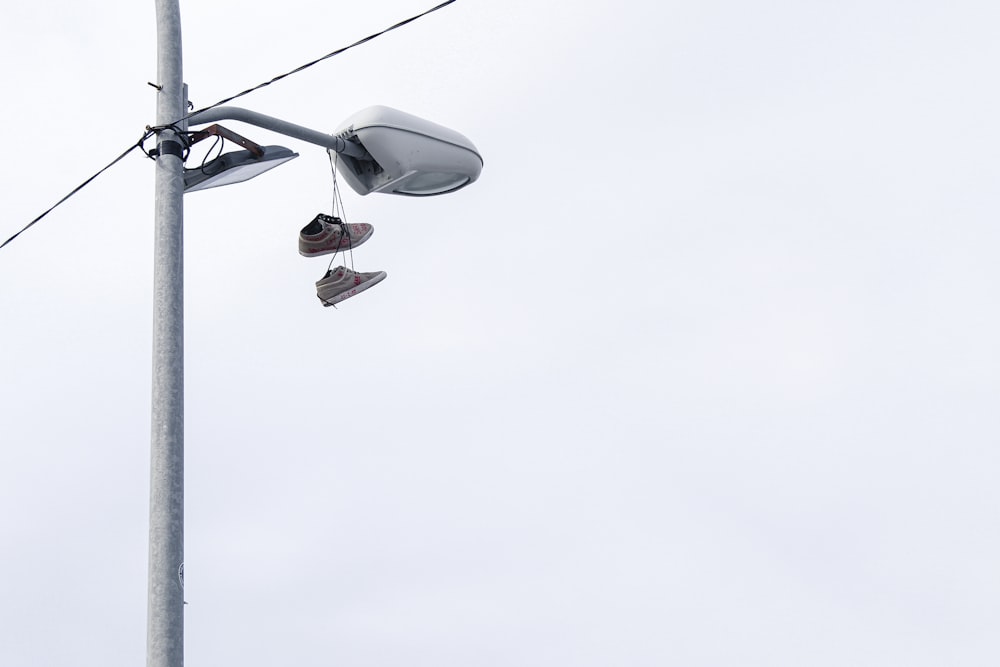 a pair of shoes hanging from a street light