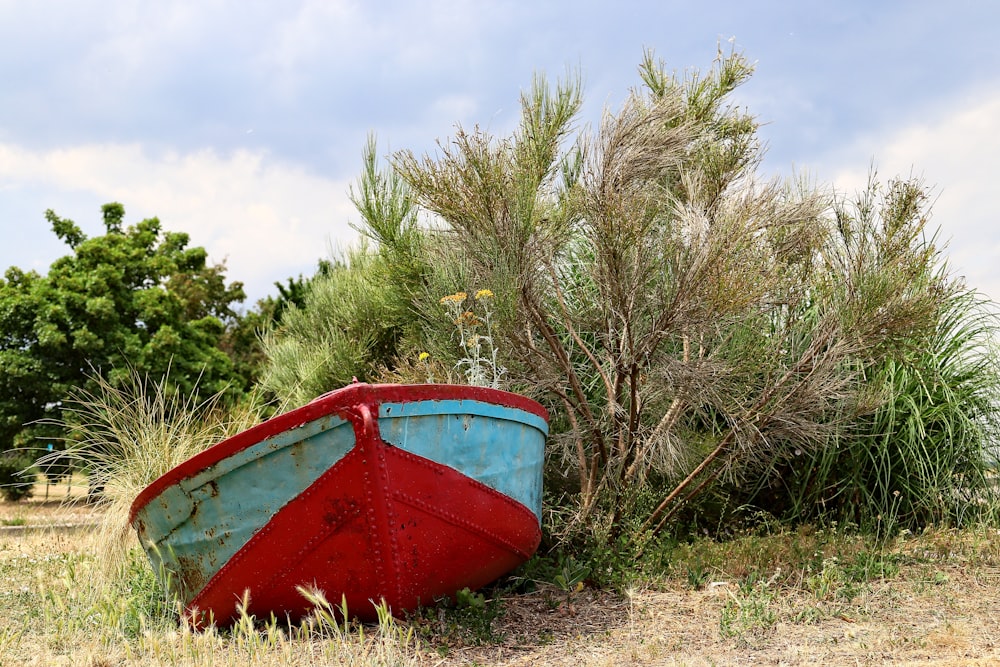 a red and blue boat sitting on top of a grass covered field