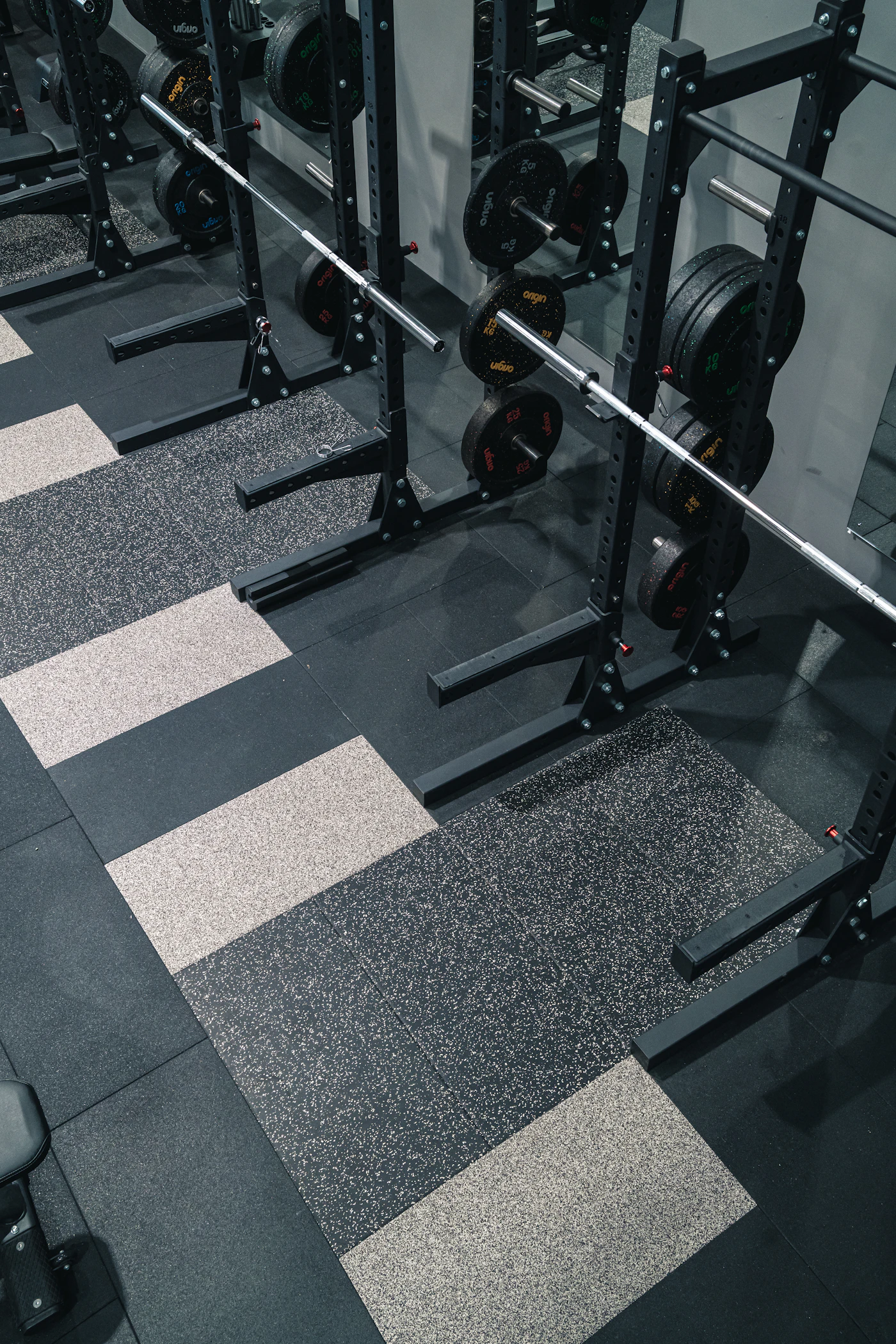 Gym floor with checkered flooring and equipment